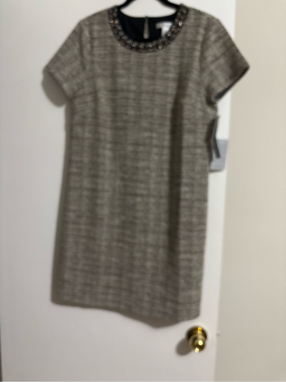 London Times Tweed Shift Dress with Beaded Collar - Beige/Gray
